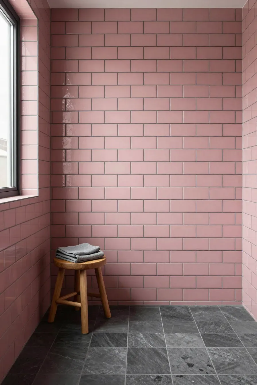 Dusty pink subway tiles with dark charcoal grout in a modern, moody bathroom setting.