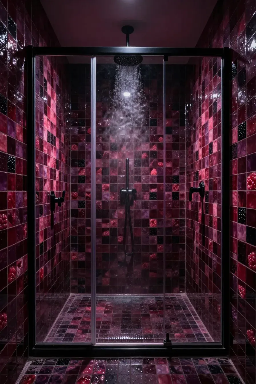 A walk-in shower with shimmering berry-toned glazed tiles and a matte black rainfall showerhead.