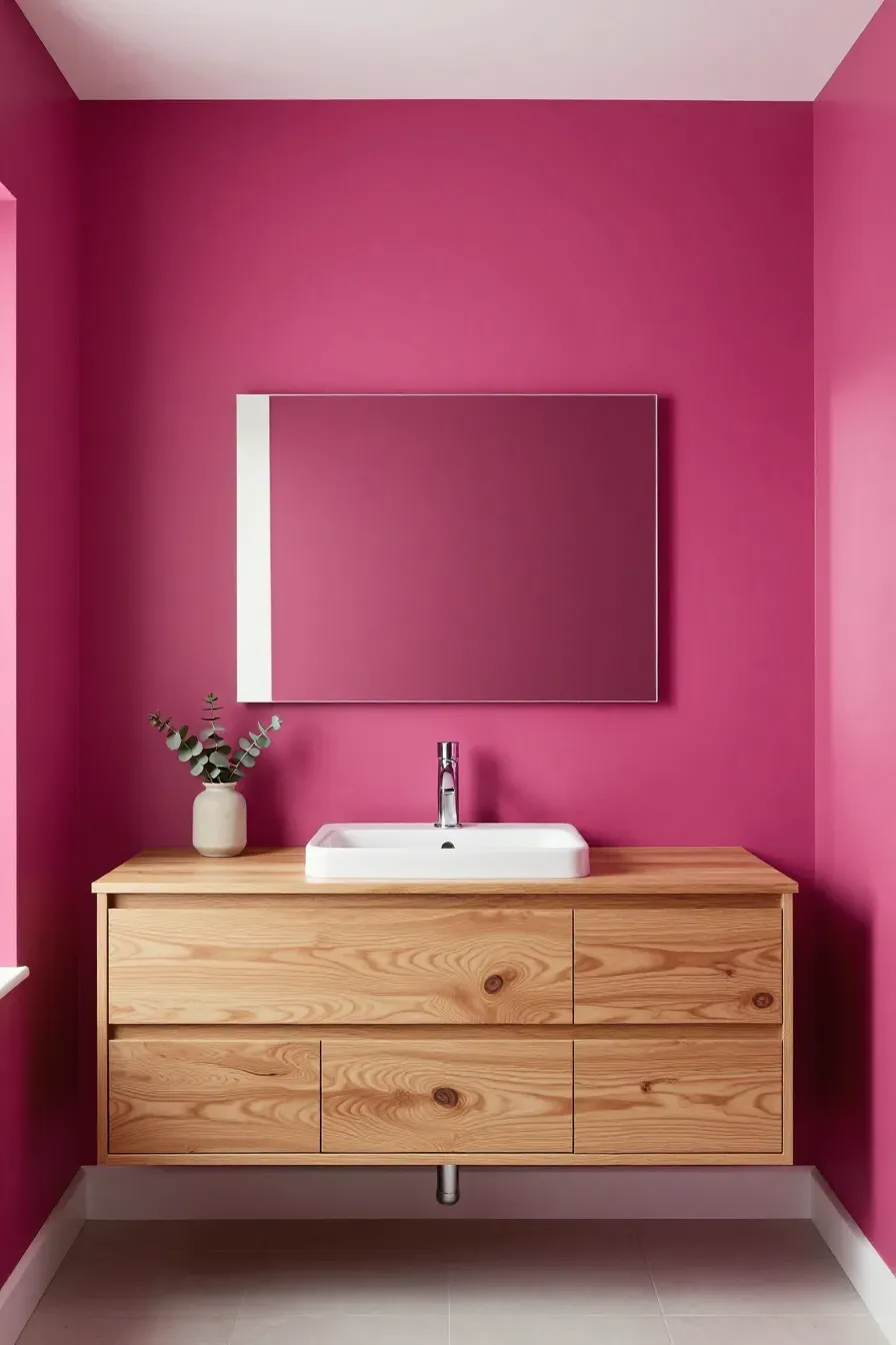 A vibrant magenta bathroom wall paired with a natural light oak wood vanity and white sink.