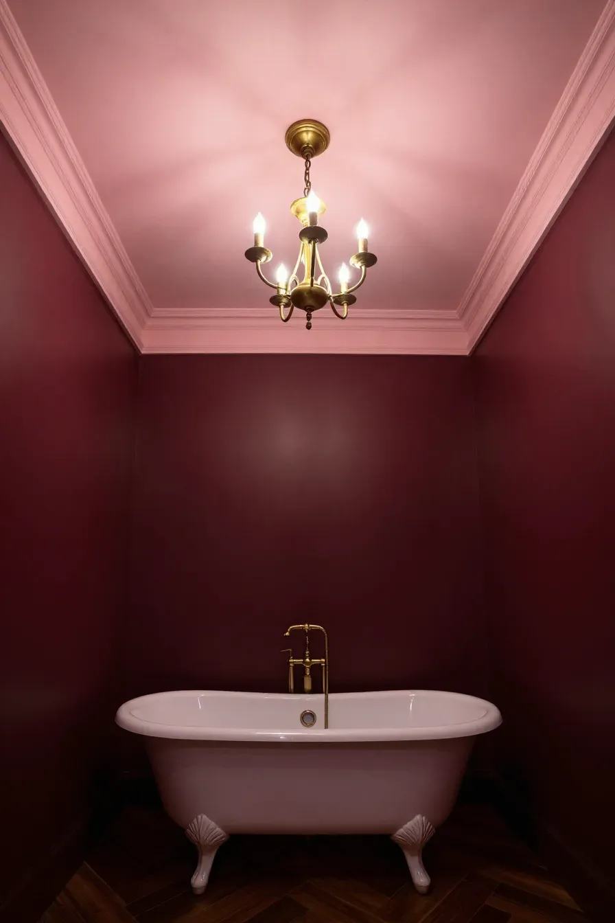 A moody bathroom with deep burgundy walls and a soft pink ceiling with a brass chandelier.