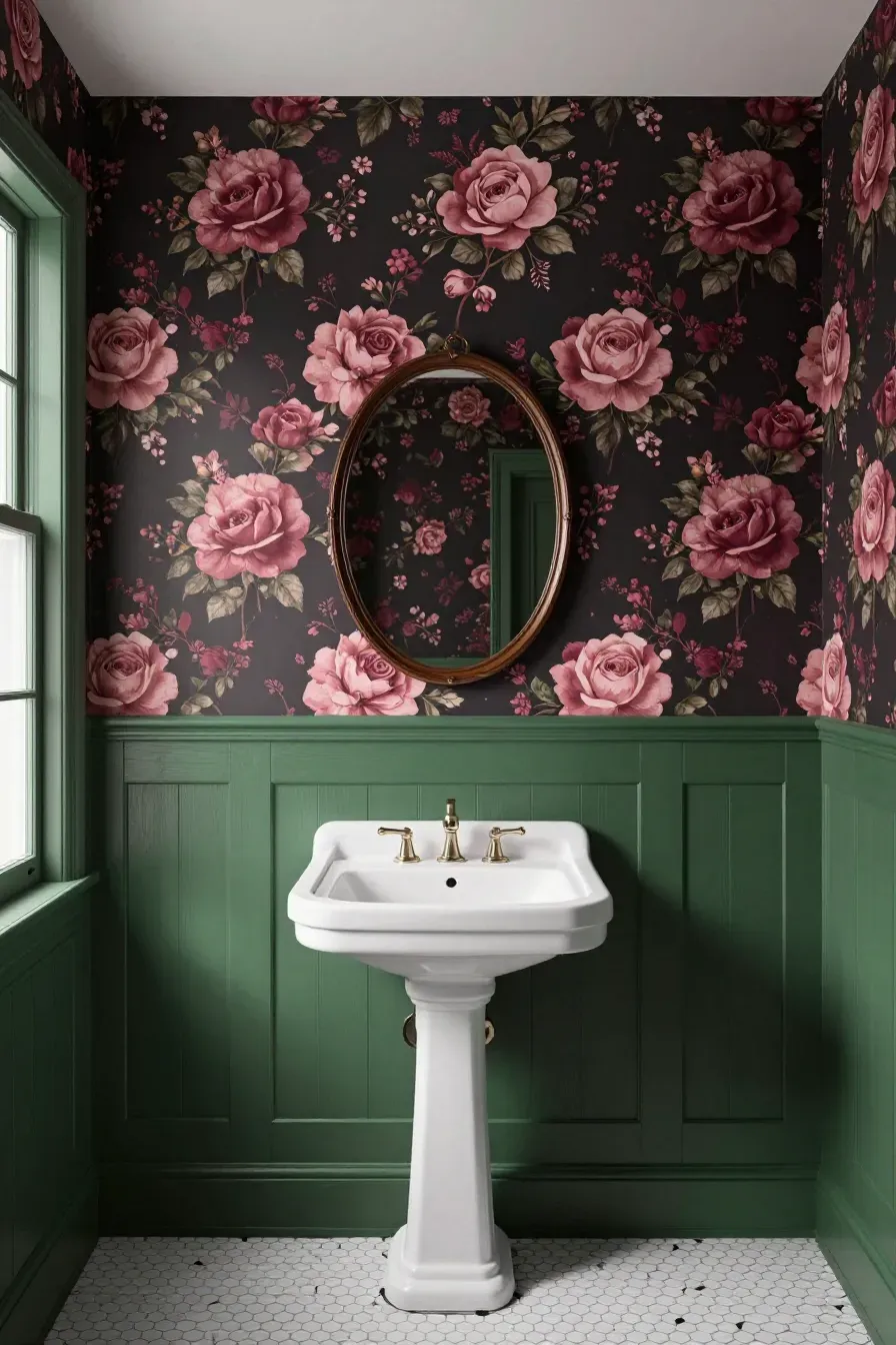 Bathroom with forest green wainscoting and dark rose floral wallpaper in a traditional style.
