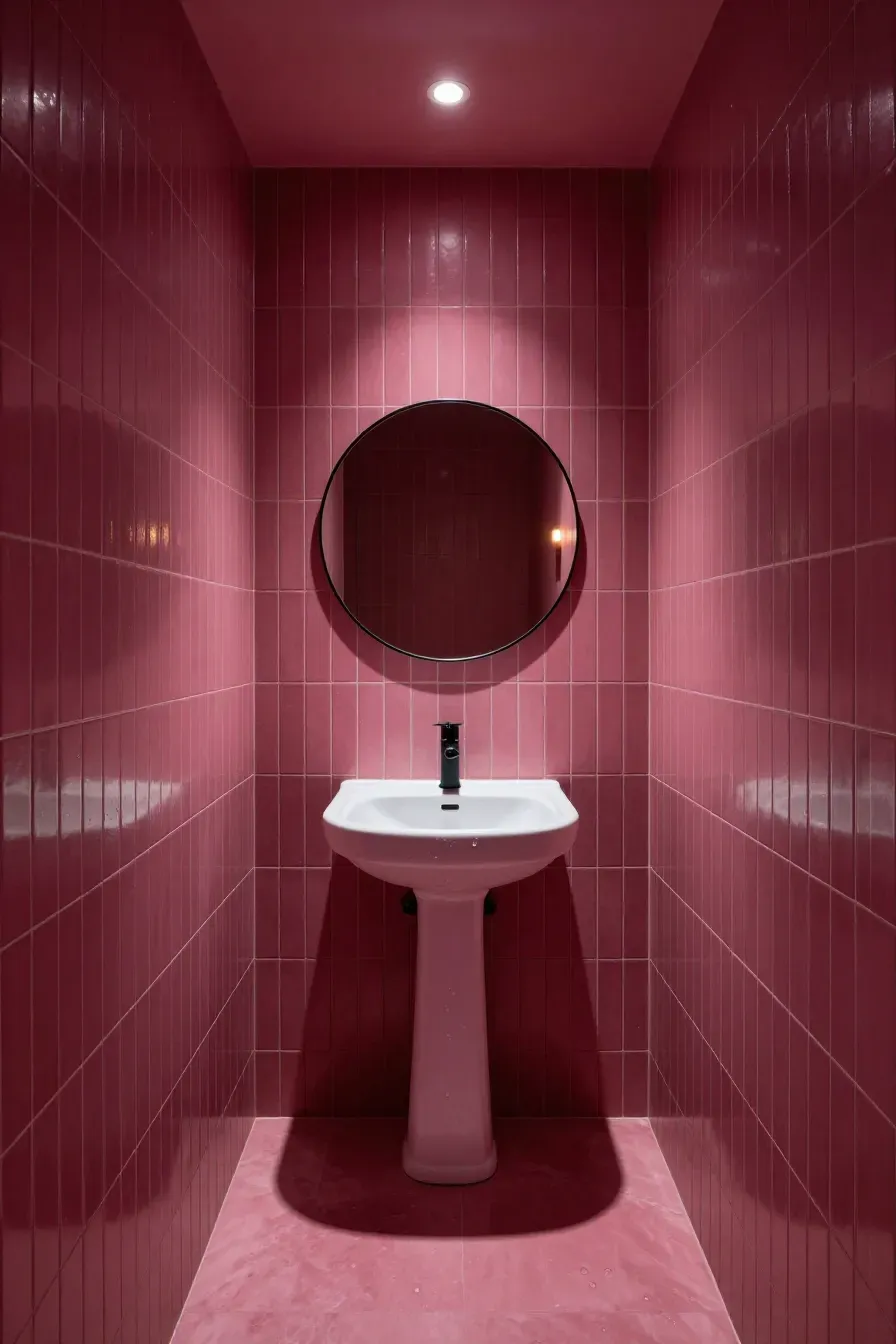 A small modern bathroom with floor-to-ceiling vertical dark pink tiles and a white pedestal sink.