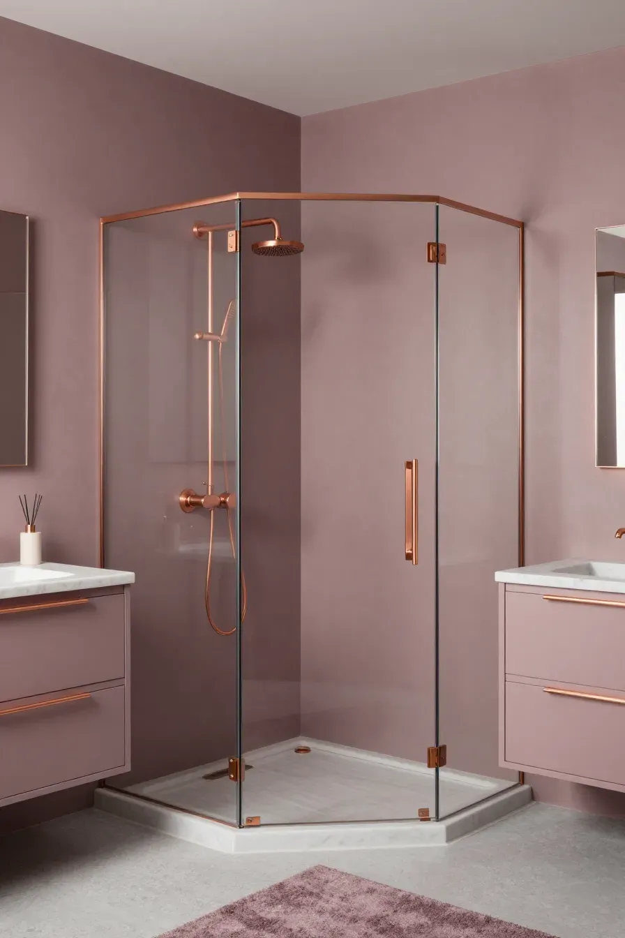 A modern bathroom with matte mauve walls, copper fixtures, and a white marble countertop.