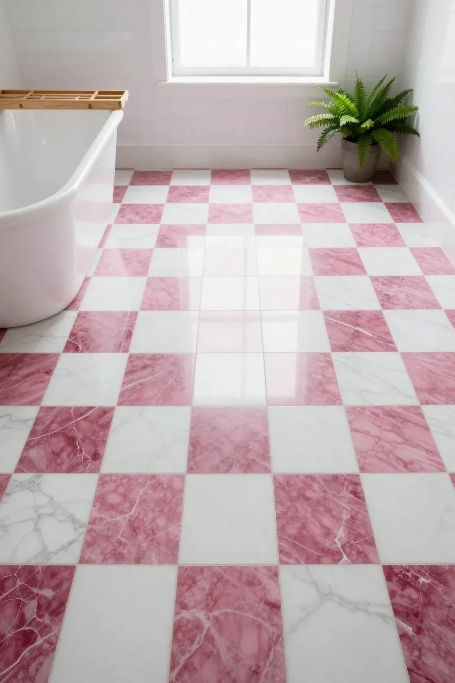 A bathroom featuring a bold dark pink and white checkerboard marble tile floor and a white tub.