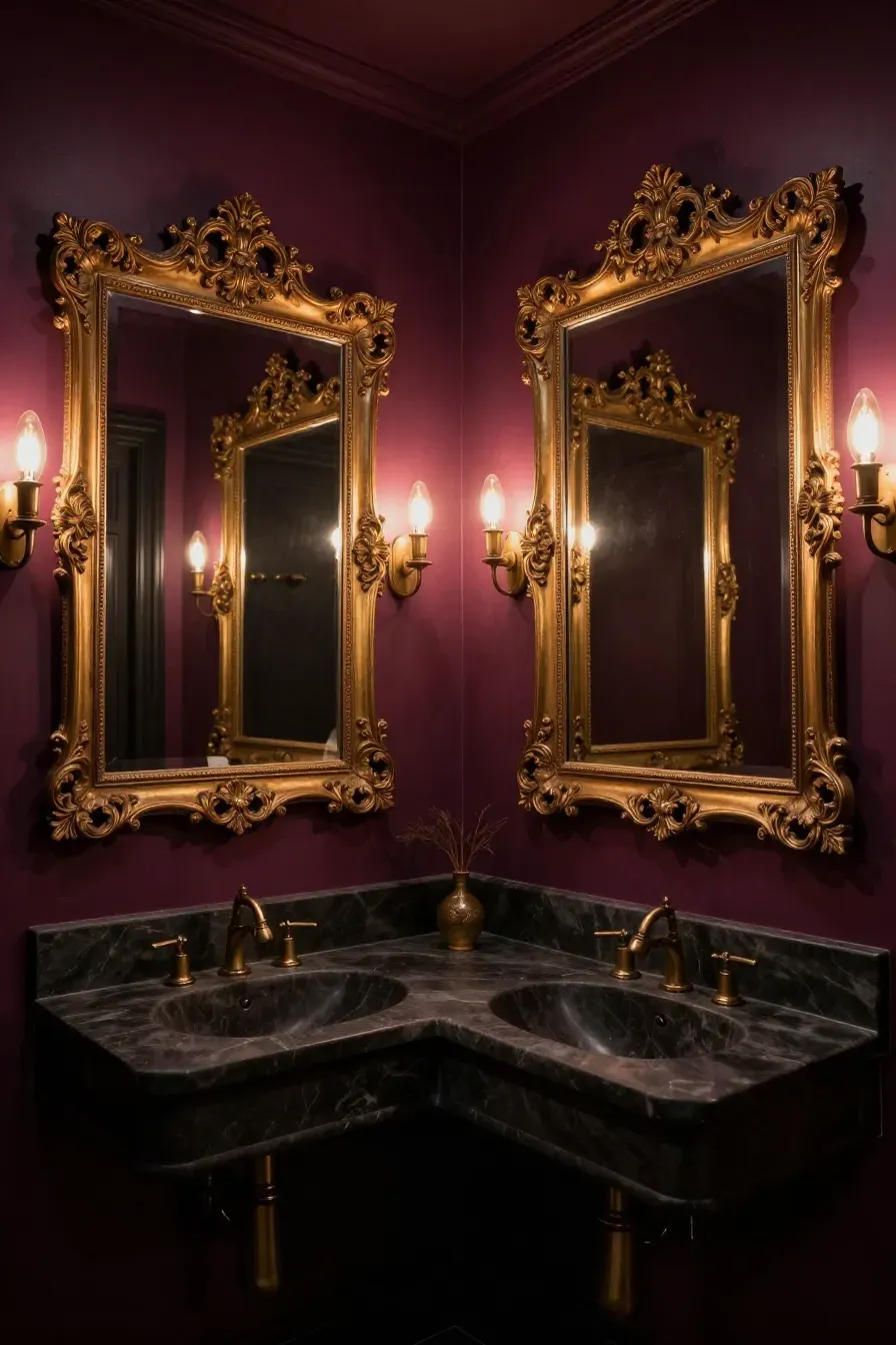 Moody plum-colored bathroom walls featuring two ornate antique gold framed mirrors over a vanity.