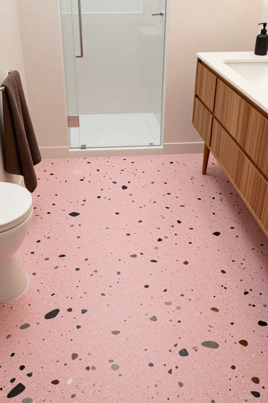 A bathroom with pink terrazzo floors containing black and brown stone chips and a teak vanity.