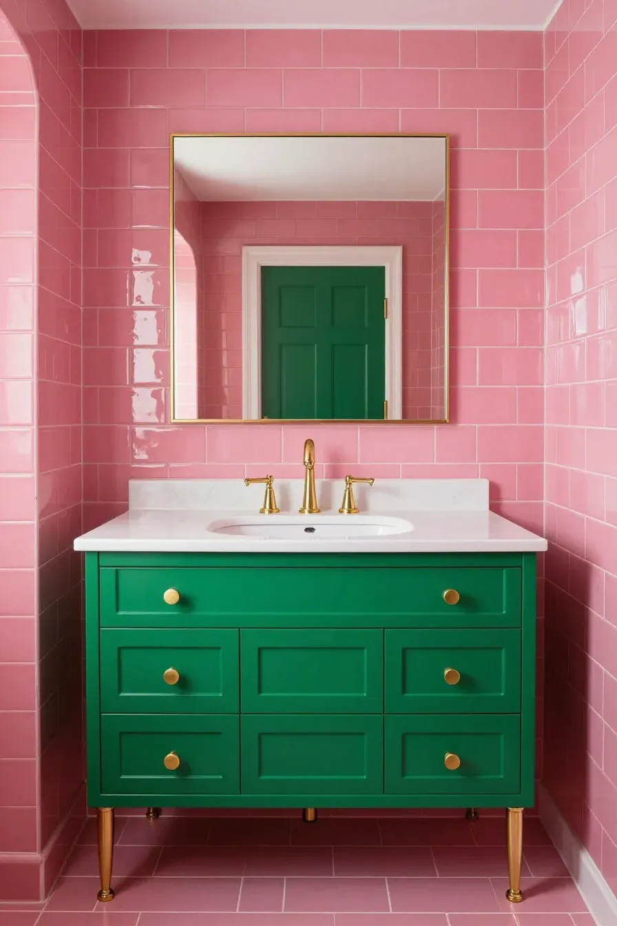 An emerald green vanity with gold hardware against a wall of dark pink glossy tiles.
