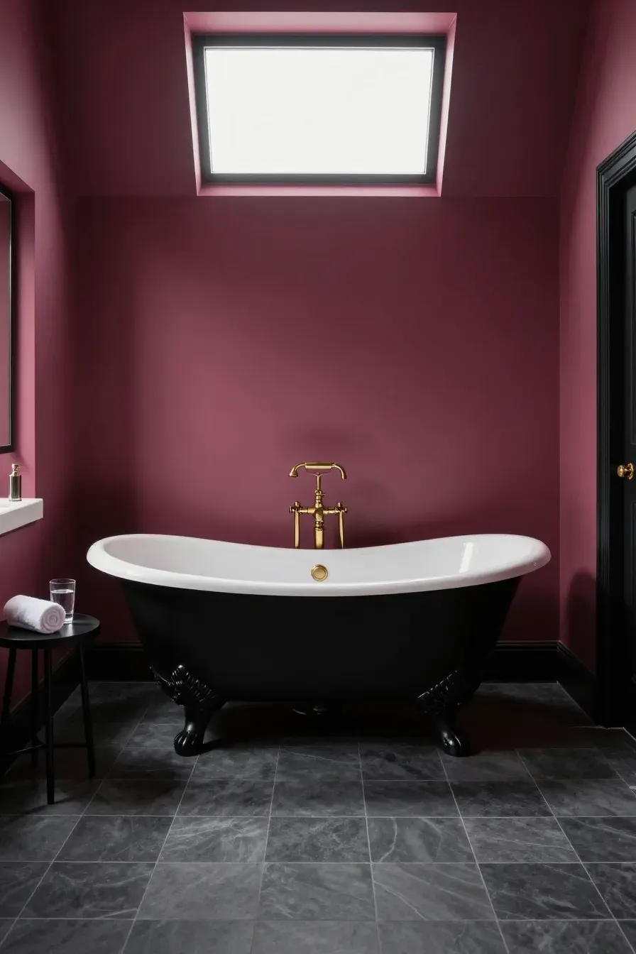 A matte black clawfoot tub stands against a deep rose-colored wall in a moody, modern bathroom.