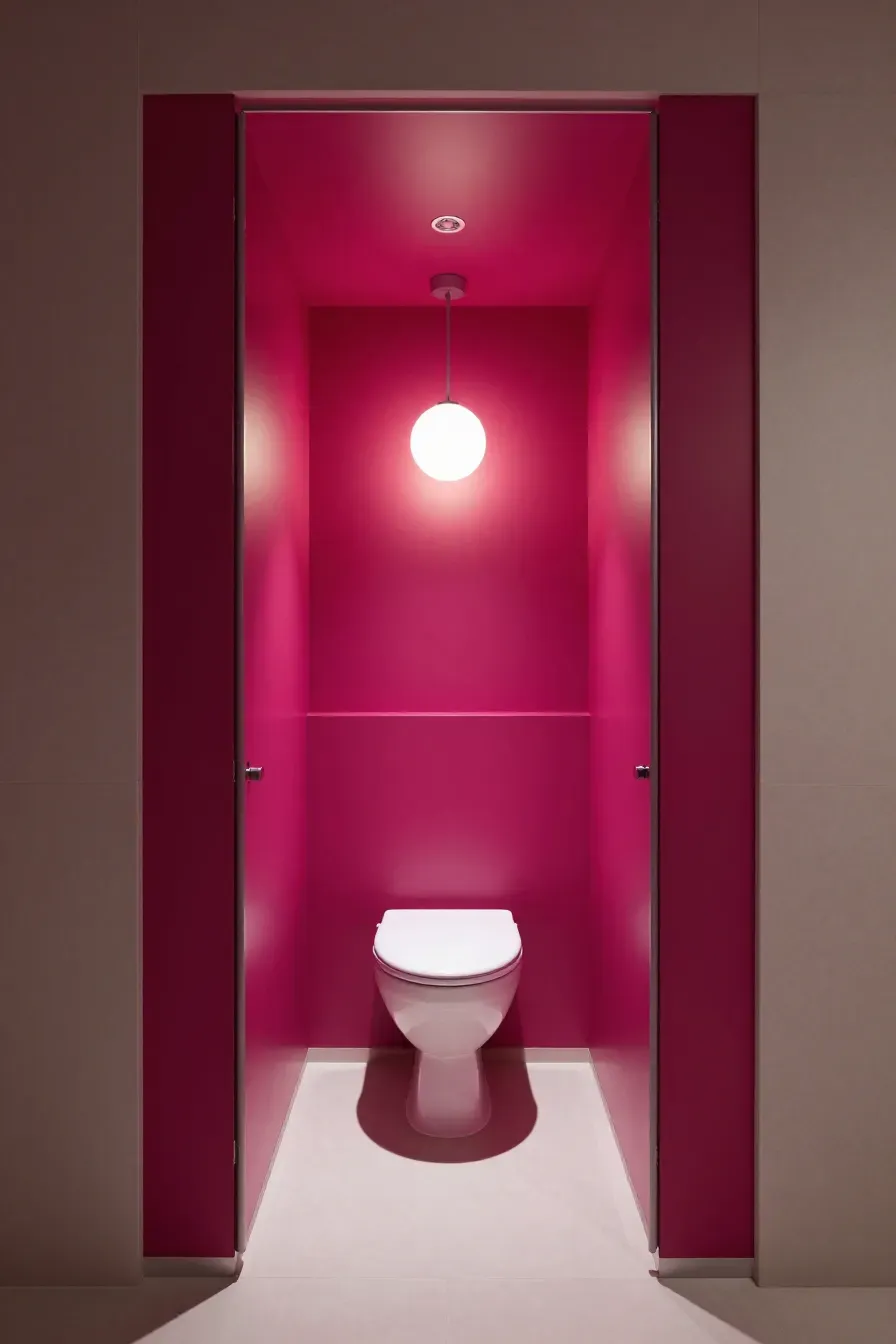 A separate toilet room with vibrant fuchsia walls and a minimalist glowing globe pendant light.