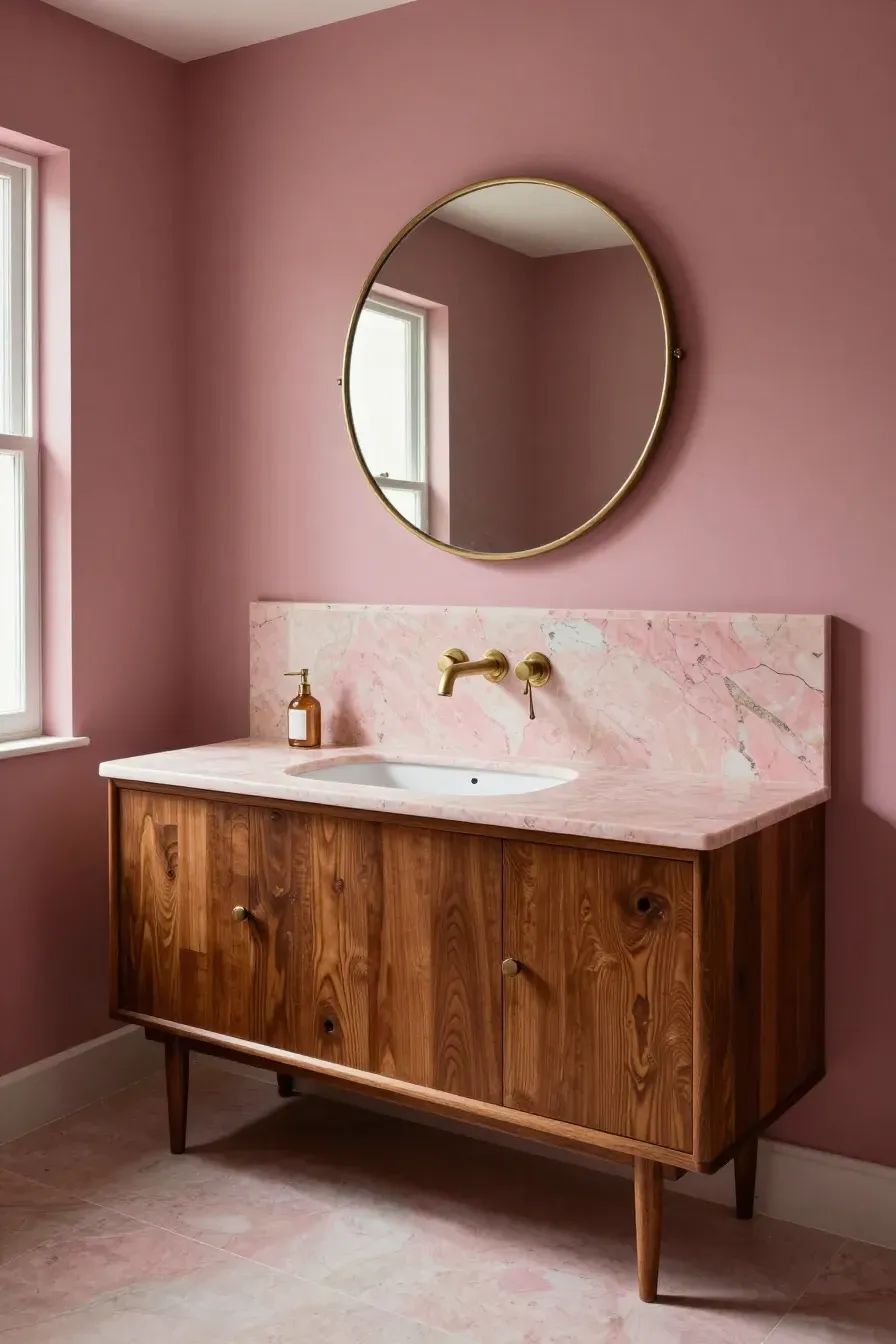A vintage brown wood vanity topped with a pink marble backsplash in a dark pink bathroom.