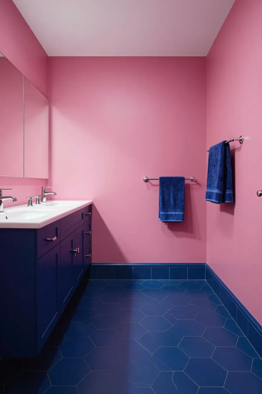 A modern bathroom with navy blue floor tiles and vanity contrasting against saturated pink walls.