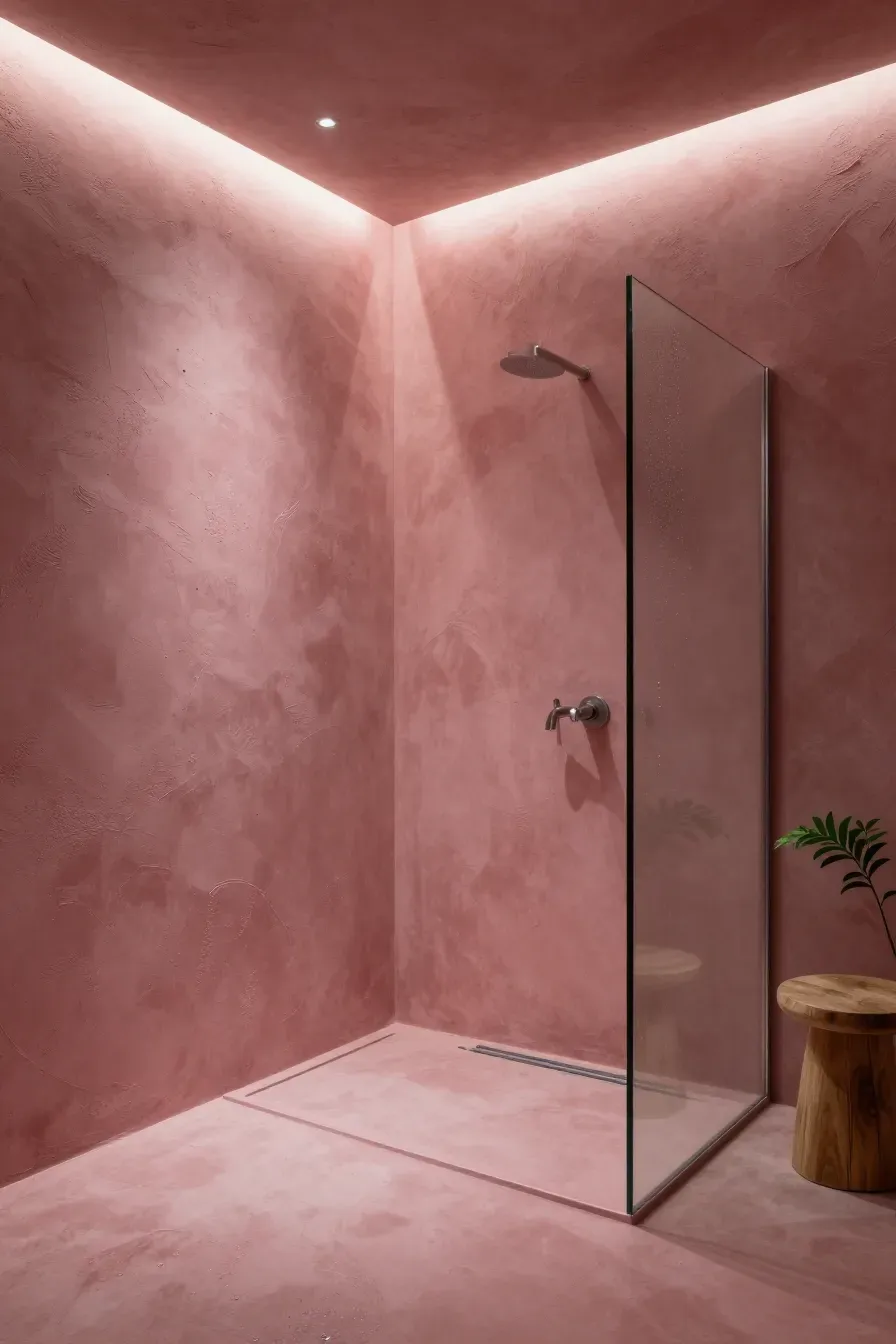 A seamless bathroom with smoky pink plaster walls and floor, creating a textured concrete look.