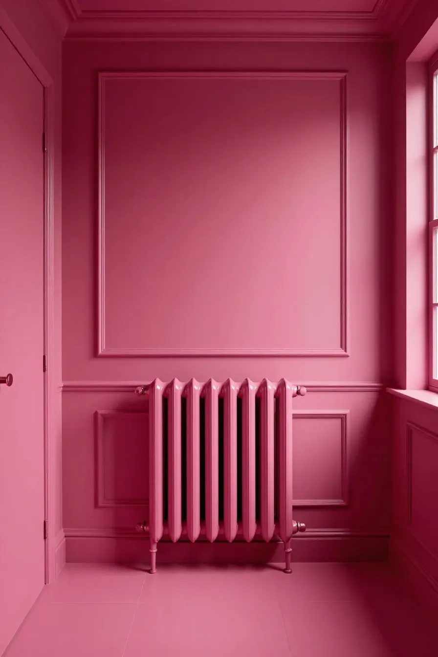 A monochromatic dark pink bathroom where the walls, baseboards, and radiator are all the same color.