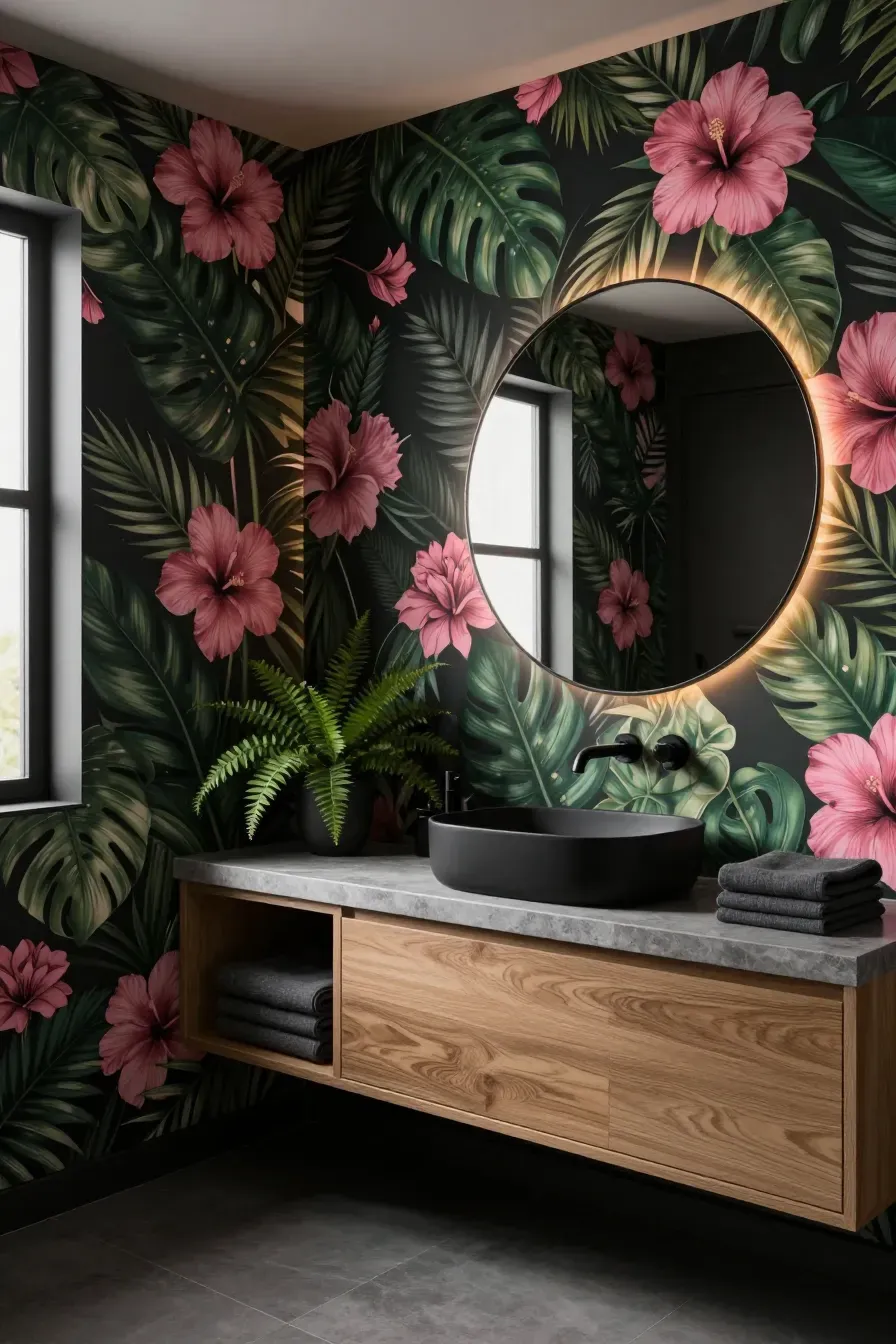 A moody bathroom with dark pink floral and green leaf wallpaper, an oak vanity, and black fixtures.