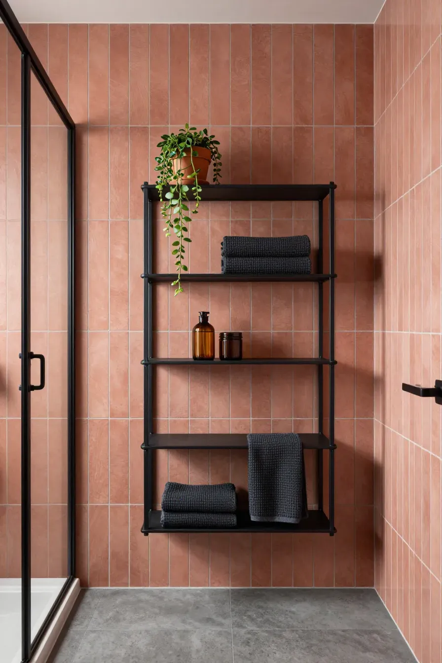 A modern bathroom featuring dark salmon wall tiles and black metal open shelves with plants.