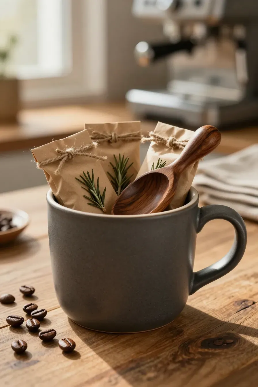 A gray ceramic mug filled with small brown paper coffee bags and a tiny wooden scoop.