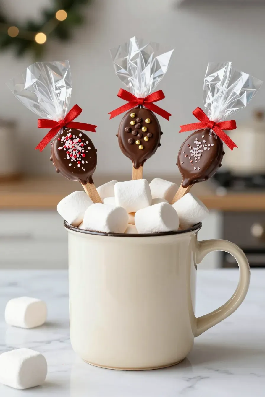 Chocolate-dipped wooden spoons with peppermint toppings inside a white mug with marshmallows.