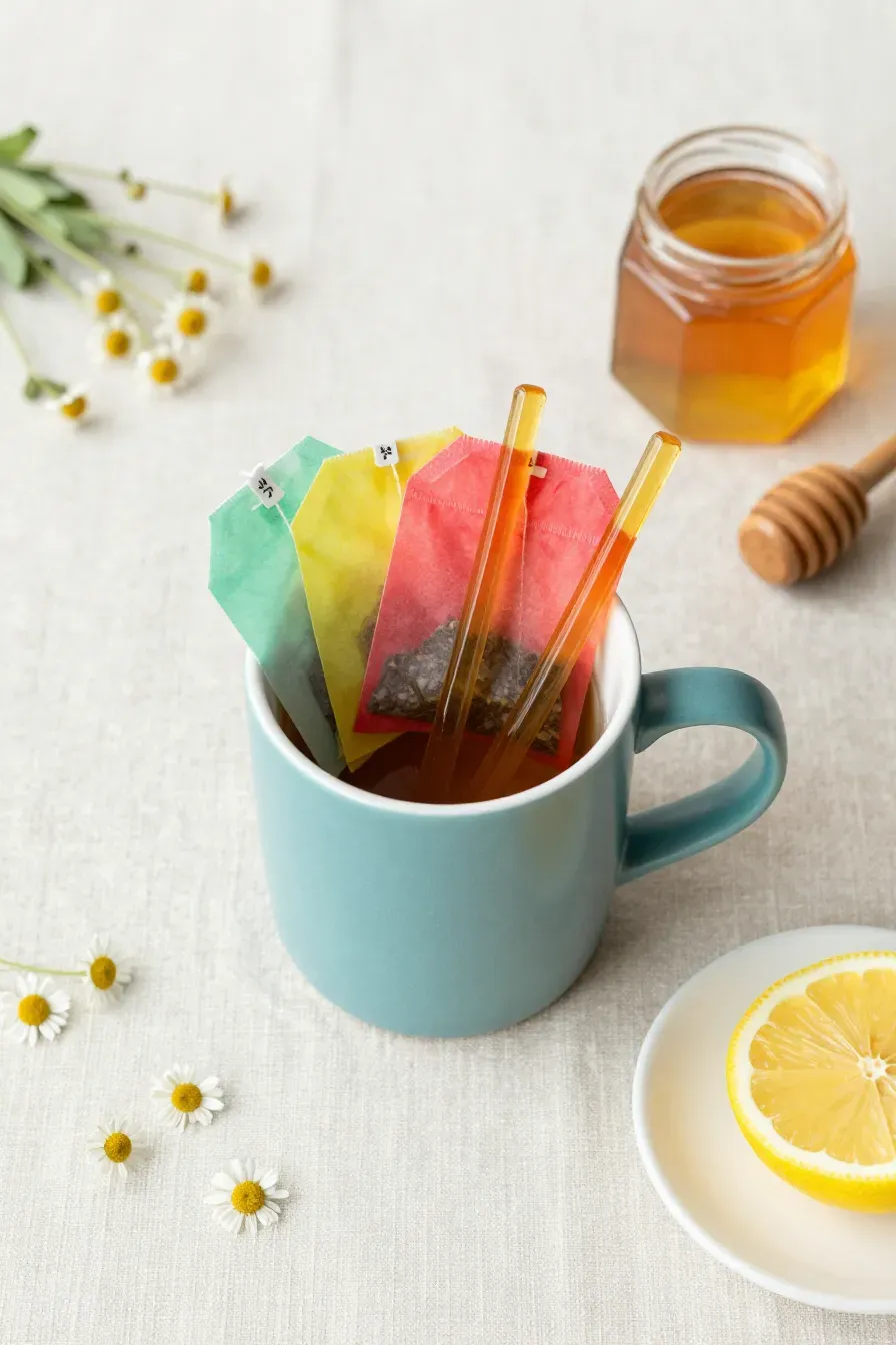 A teal mug filled with colorful tea bags and golden honey sticks on a linen cloth.