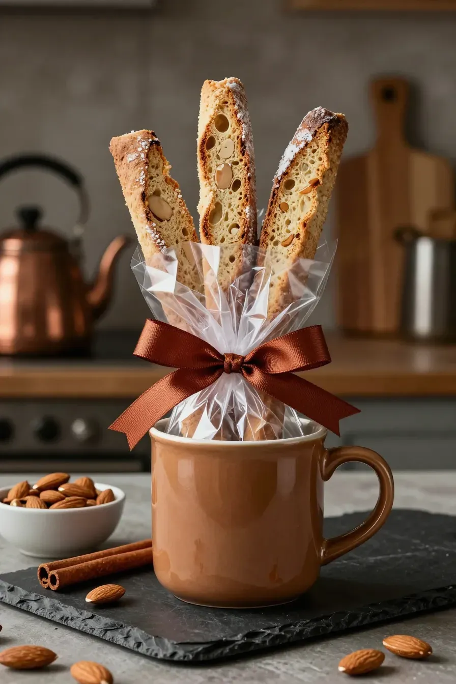 Long almond biscotti wrapped in cellophane standing inside a wide-rimmed almond-colored mug.