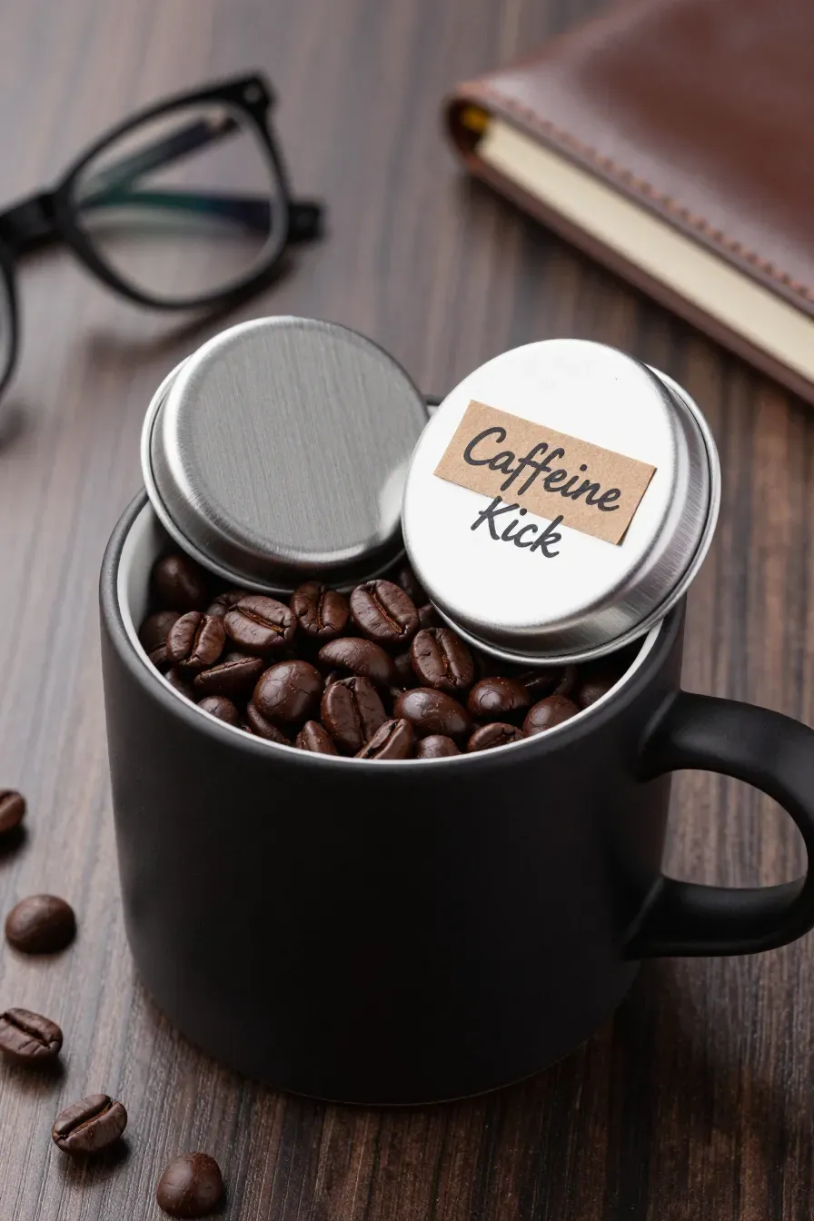 A black mug containing small silver tins filled with glossy chocolate-covered espresso beans.