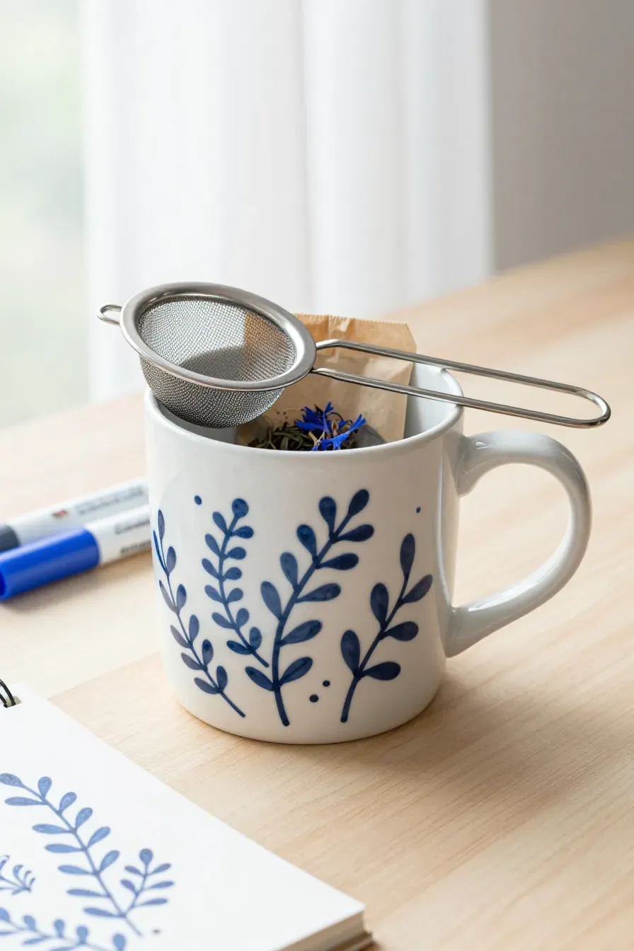 A white mug with hand-painted blue vines, containing a bag of loose tea and a metal infuser.