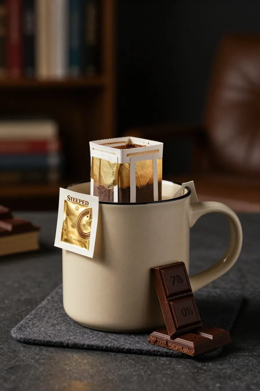 A speckled cream mug filled with steeped coffee sachets and gold-wrapped dark chocolate squares.