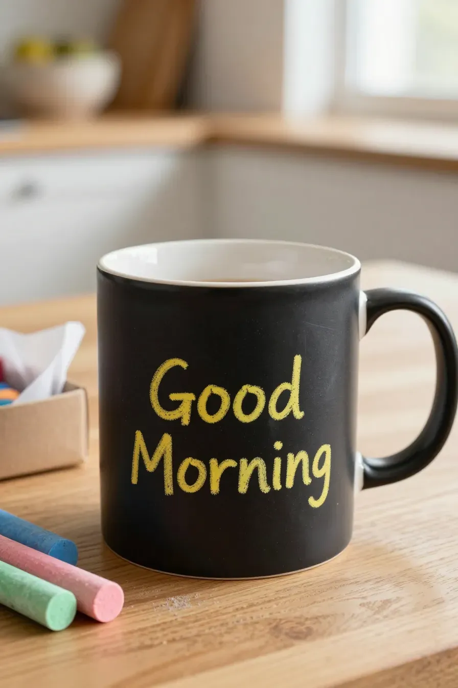 A black ceramic mug with a chalkboard strip and 'Good Morning' written in yellow chalk next to colored chalk sticks.