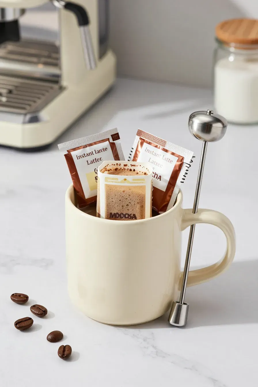A cream stoneware mug filled with instant latte packets and a silver handheld milk whisk on a marble counter.
