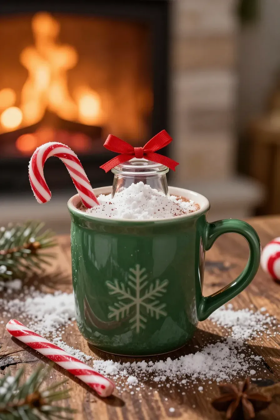 A green snowflake mug containing a jar of white cocoa powder and two striped peppermint sticks on a wooden table.