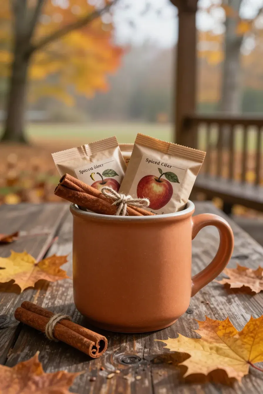A terracotta mug filled with cider packets and a bundle of cinnamon sticks tied with twine on a wooden table with fall leaves.