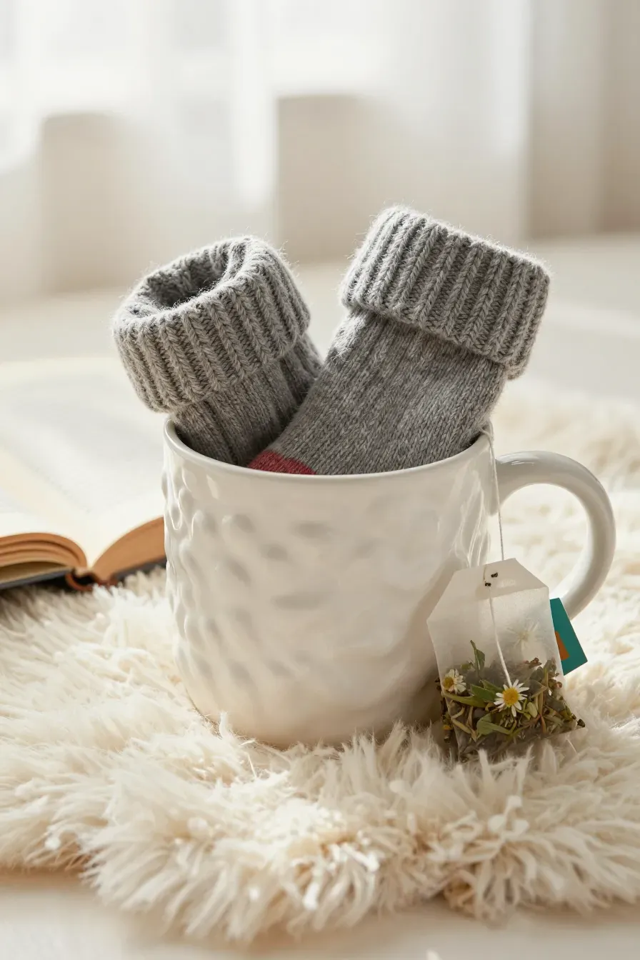 A white textured mug holding a pair of rolled gray wool socks and two herbal tea bags on a soft faux fur rug.