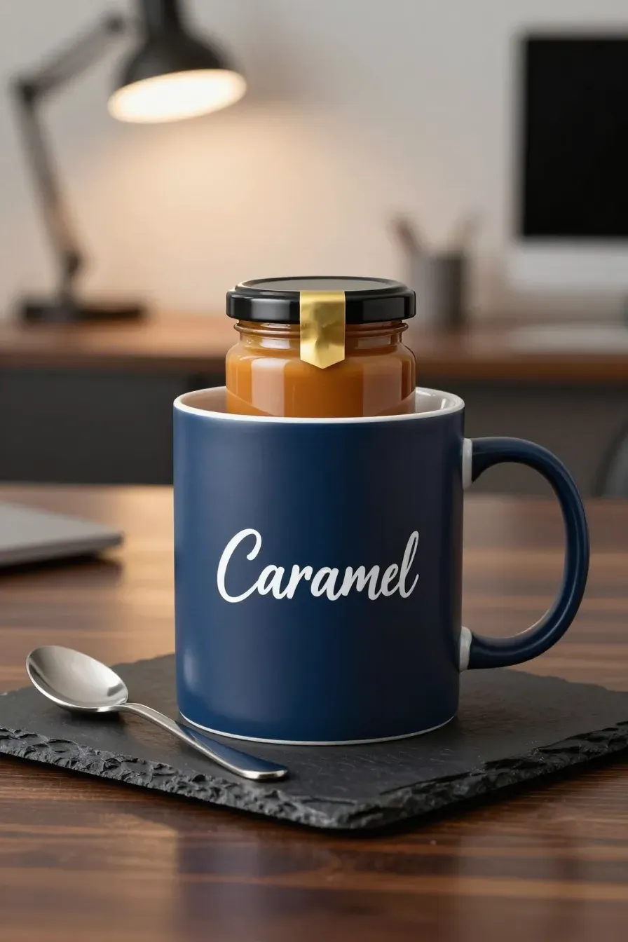A navy blue mug with a white cursive name decal holding a jar of golden caramel sauce on a walnut desk.