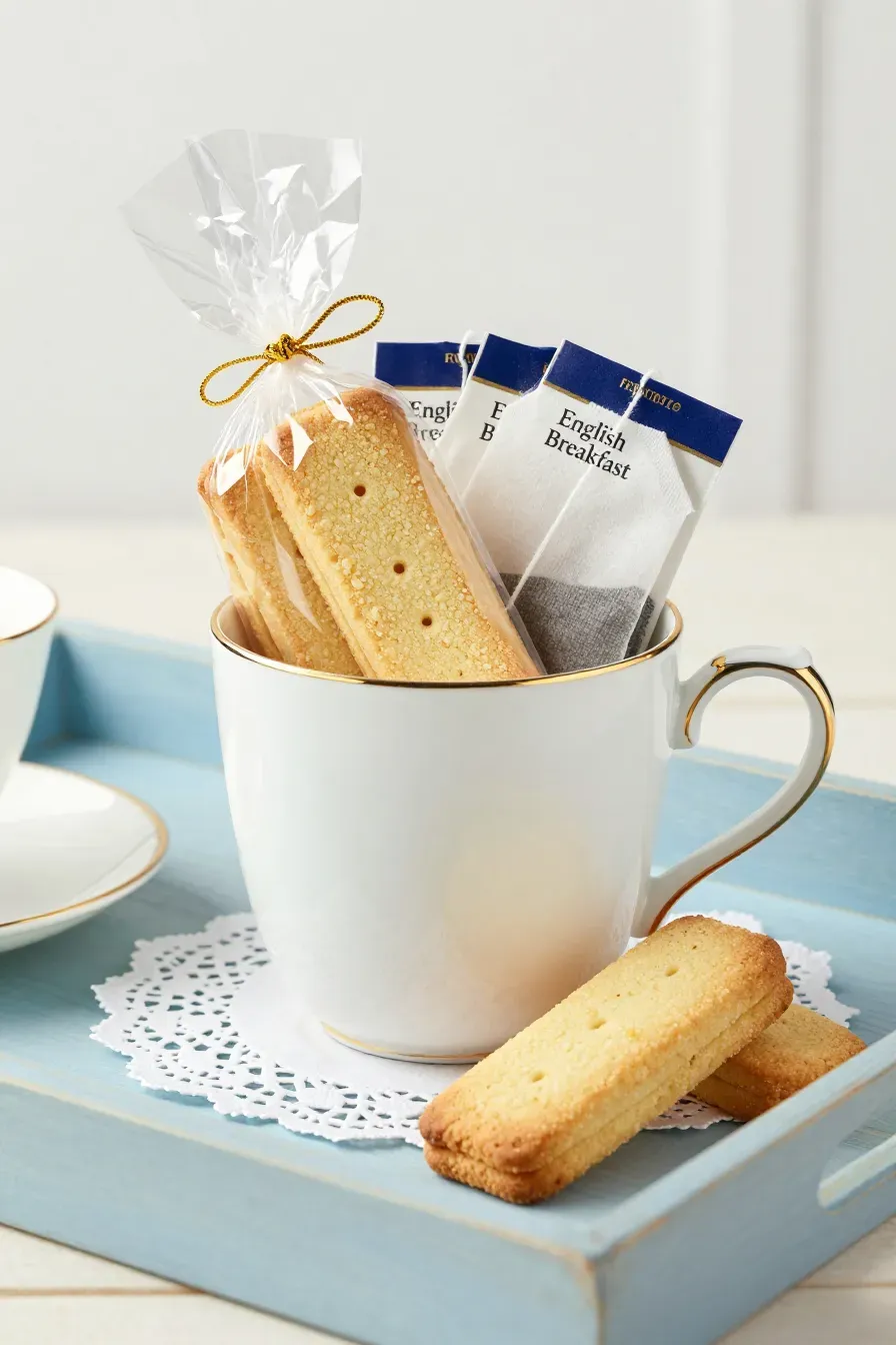 A white bone china mug with a gold rim containing wrapped shortbread cookies and English Breakfast tea bags.