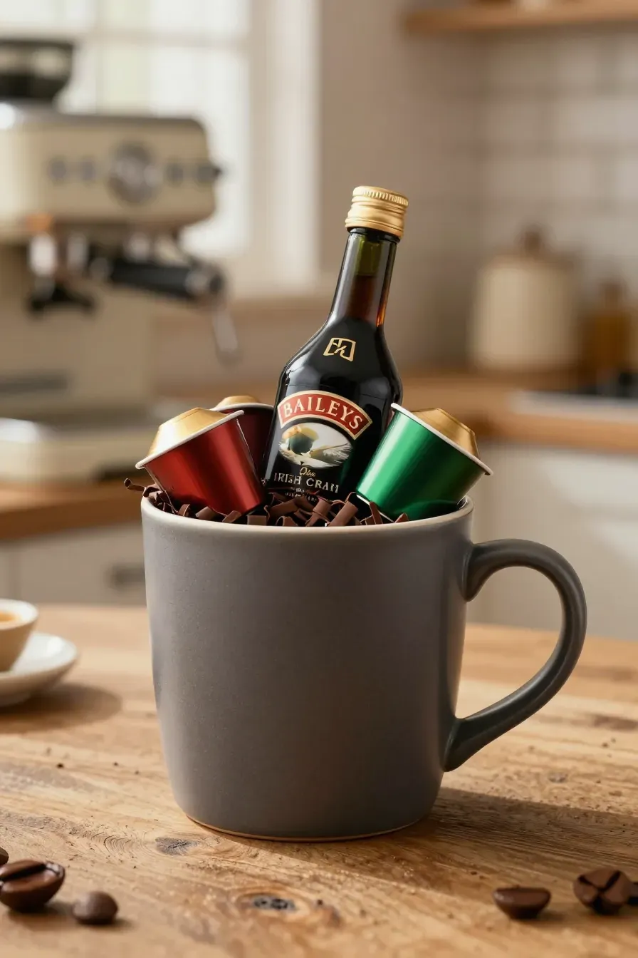 A charcoal gray mug filled with a miniature Irish cream bottle and colorful coffee pods on a wooden table.