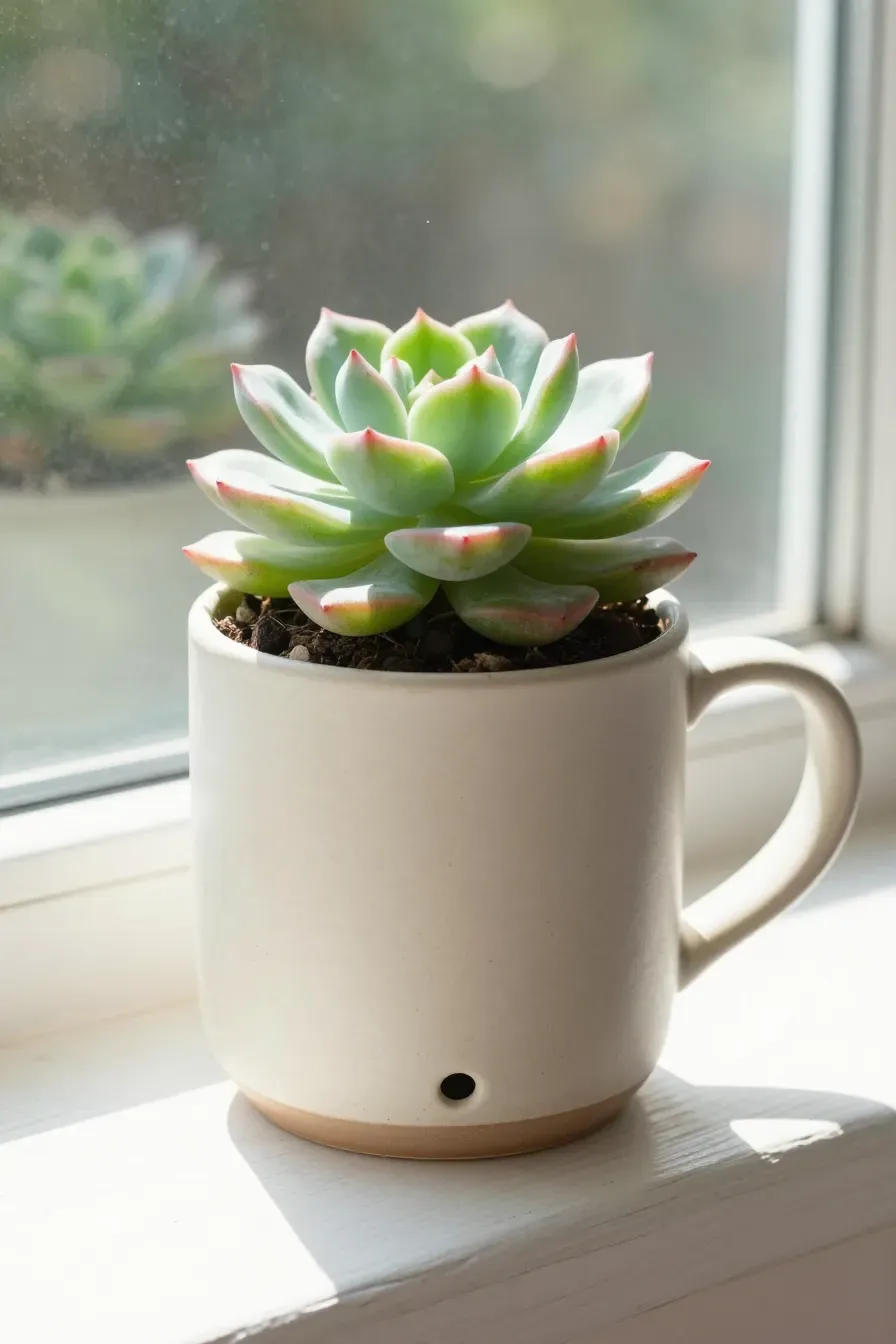 A green succulent plant growing inside a speckled cream ceramic mug on a sunny white windowsill.