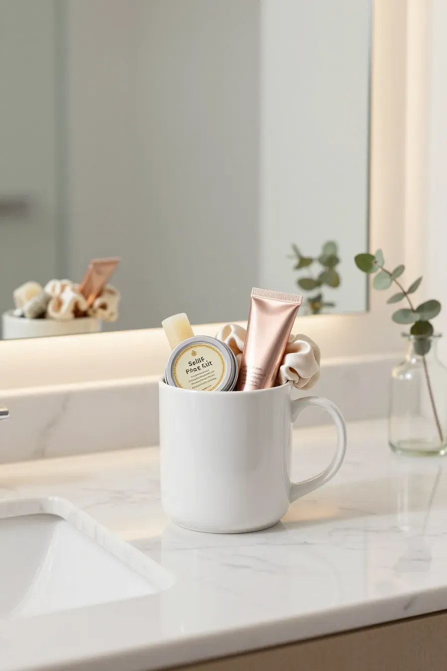 A white ribbed mug on a marble counter filled with lip balm, hand cream, and a silk scrunchie.