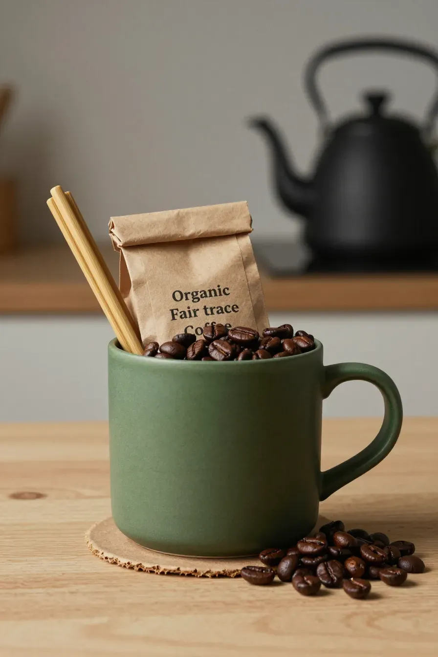 A green mug holding a bag of coffee beans and bamboo stir sticks on a light wood surface.