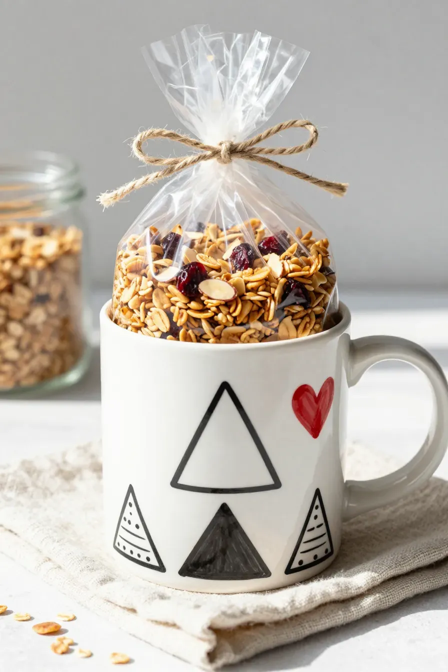 A hand-decorated white mug containing a clear bag of homemade granola on a breakfast table.