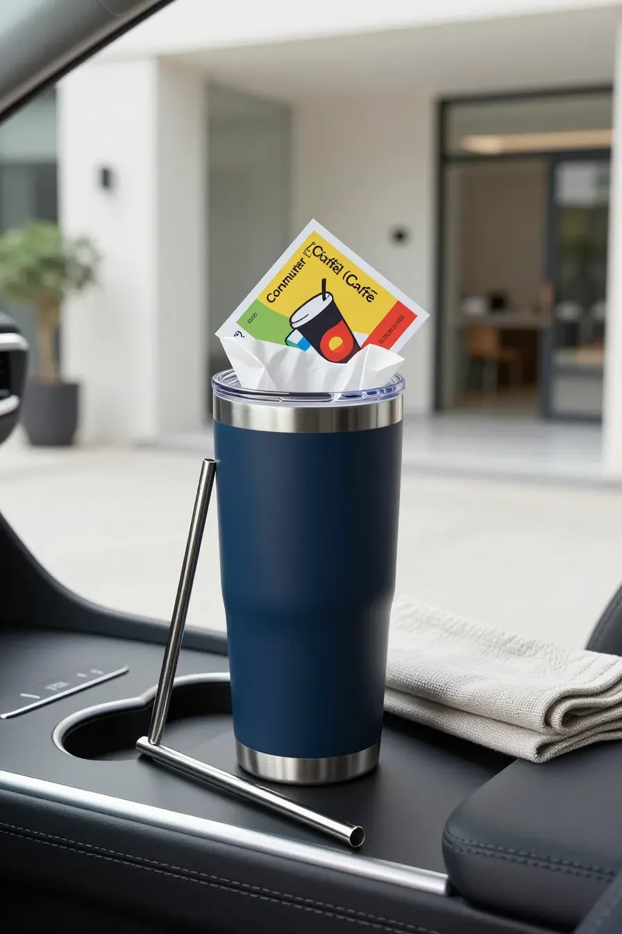 A navy blue travel tumbler with a gift card and reusable straw in a modern interior setting.