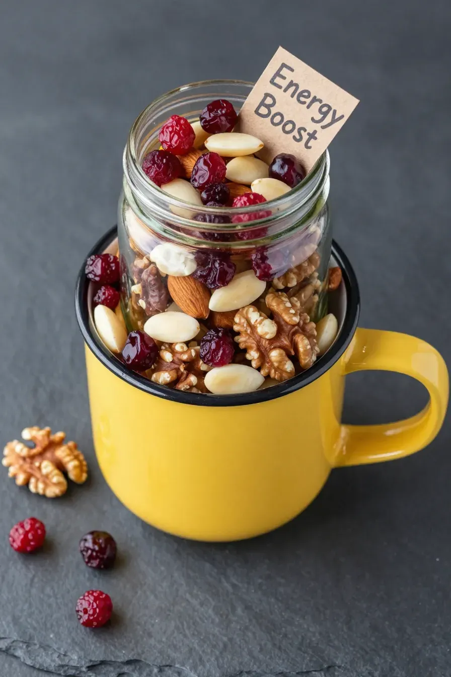 A yellow mug holding a jar of dried cranberries and nuts on a dark slate background.