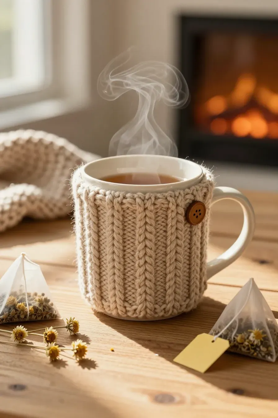 A cream coffee mug with a tan knitted cozy and chamomile tea bags on a wooden table.