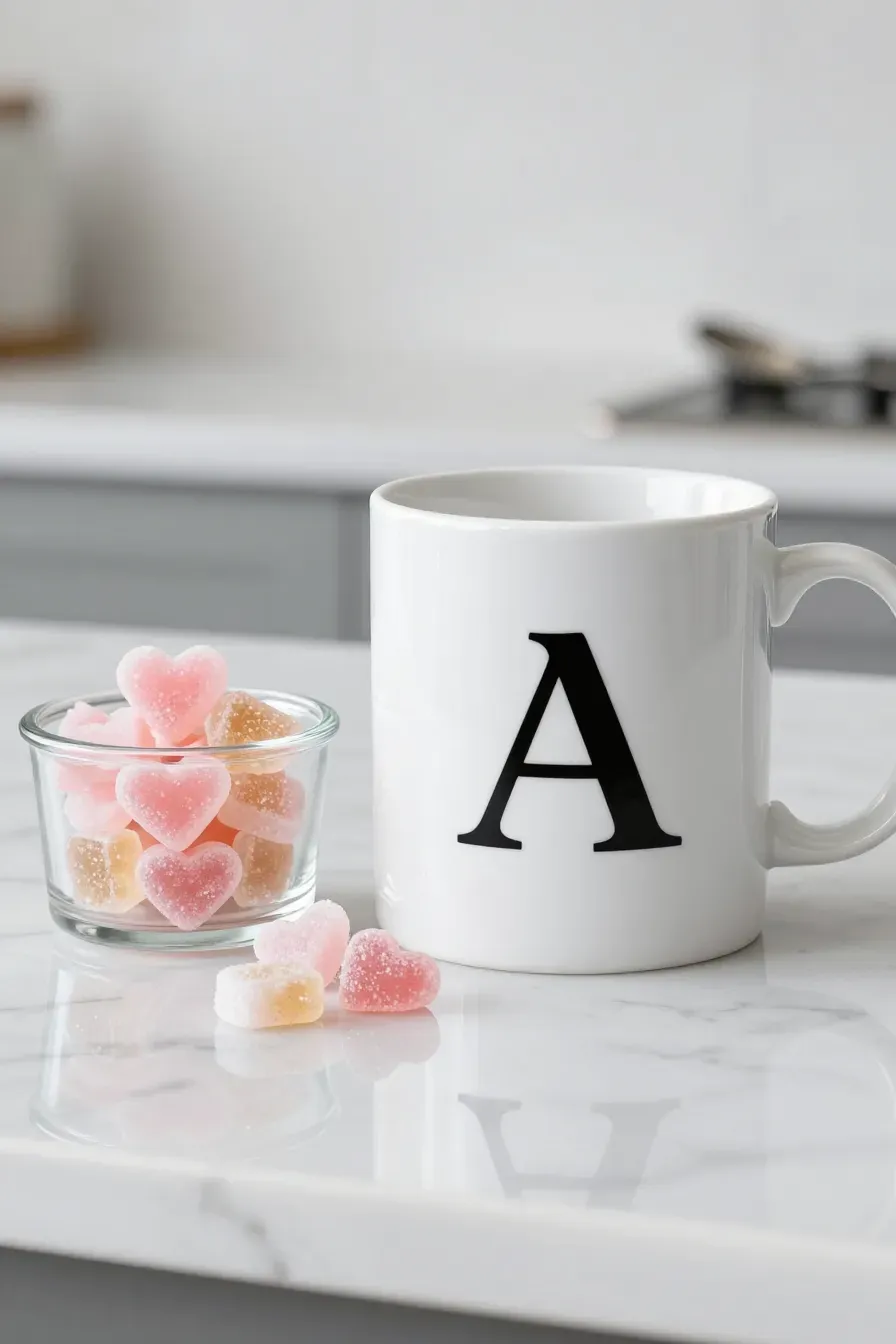 A white mug with a black stenciled letter A next to heart-shaped pink sugar cubes.