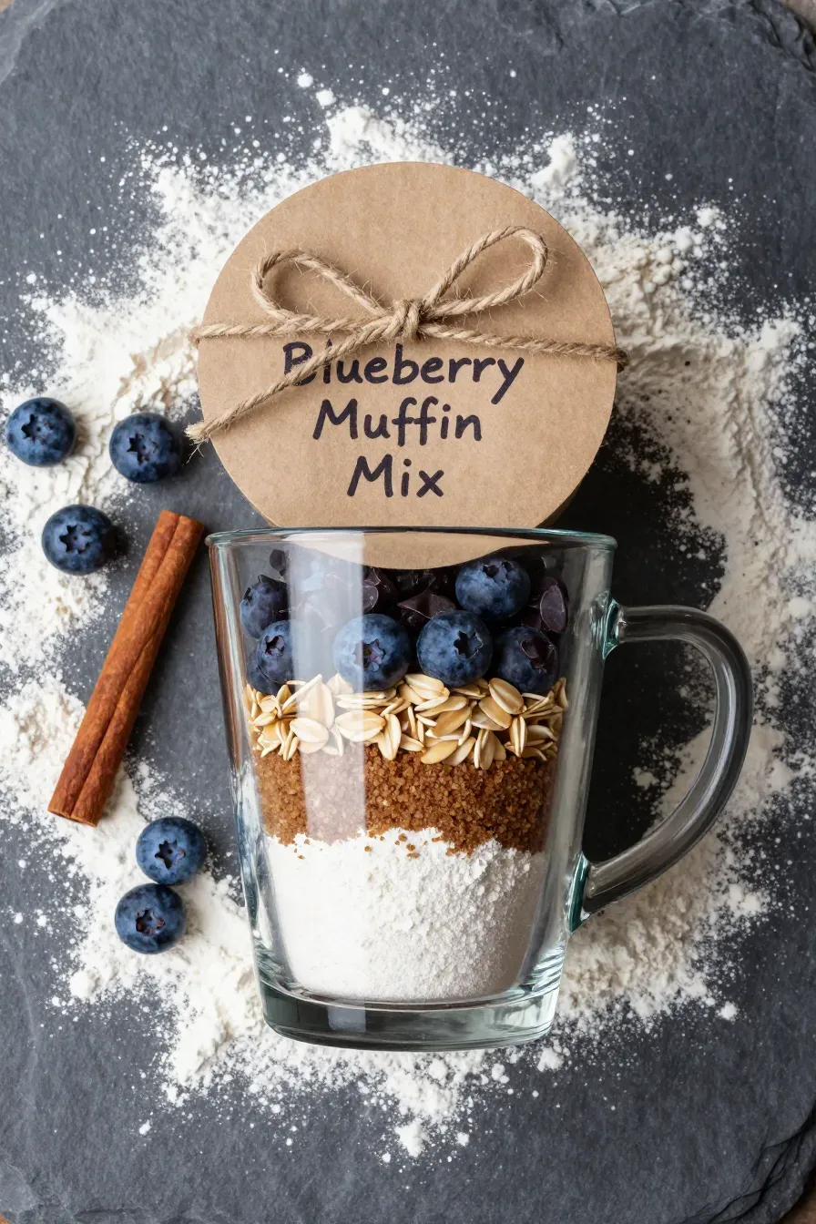 A glass mug filled with layers of flour, sugar, and chocolate chips for a muffin mix.