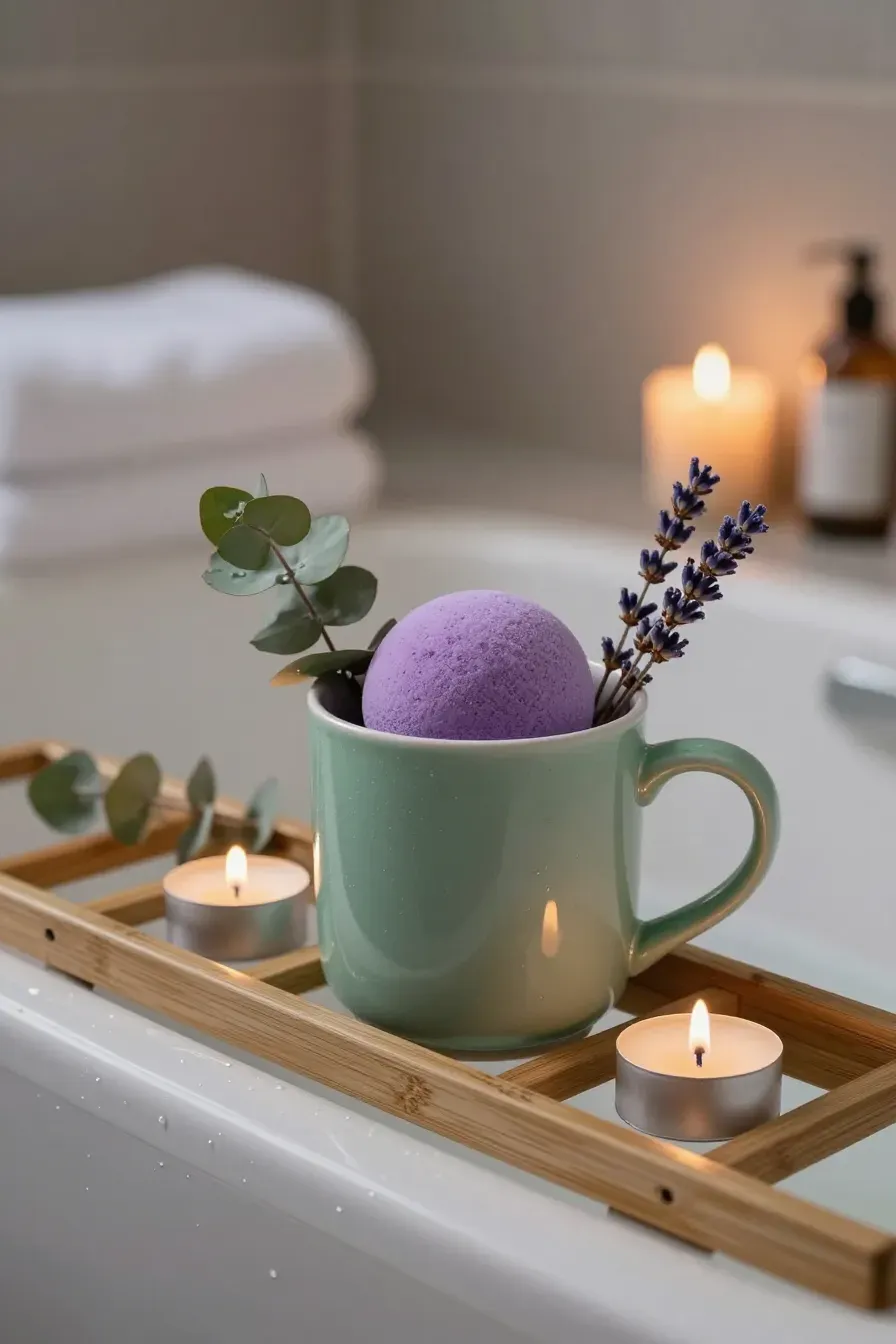 A seafoam green mug filled with a purple bath bomb and tealight candles on a bath caddy.