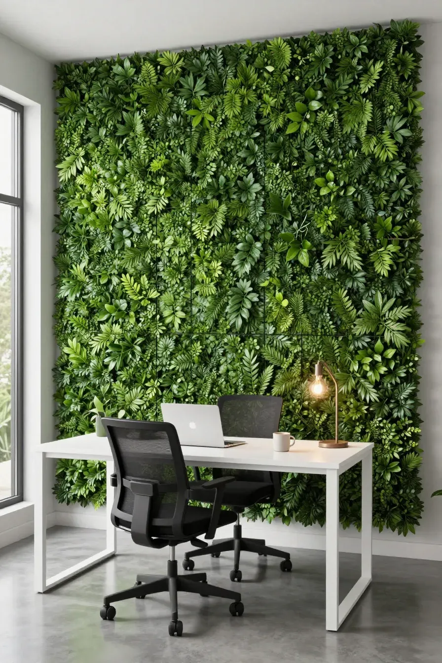 A modern home office featuring a full-height dense green boxwood hedge wall behind a white desk.