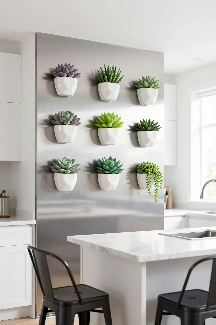 Small white magnetic pockets filled with faux succulents on a kitchen wall next to a marble island.