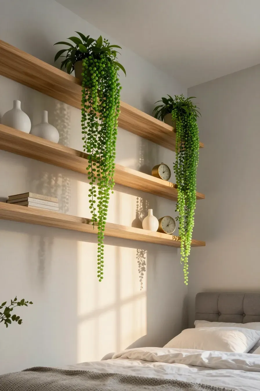 Floating wooden shelves in a bedroom with long faux string of pearls plants hanging down the wall.