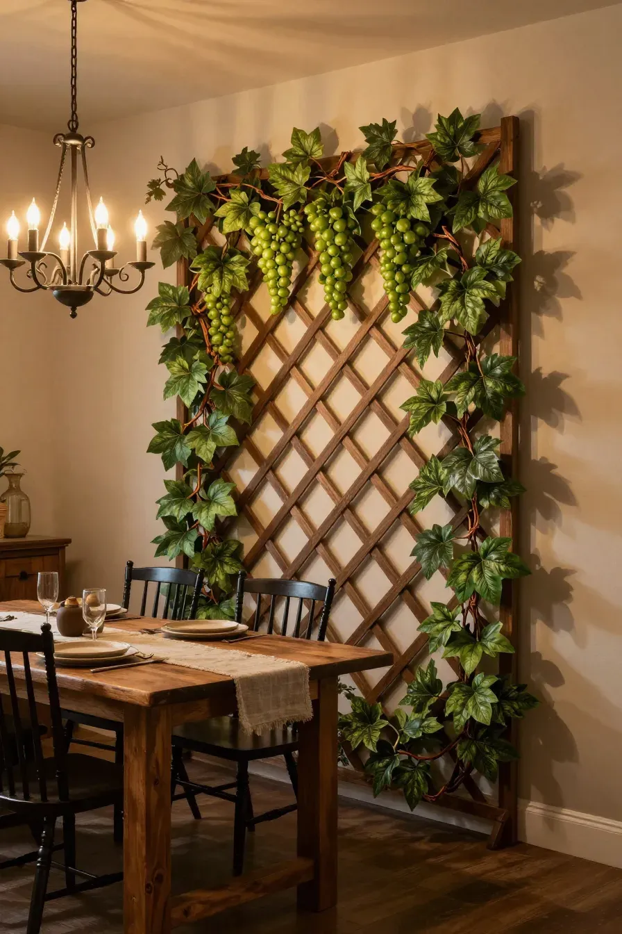 A wooden lattice trellis with woven silk grapevines against a wall in a rustic dining room.