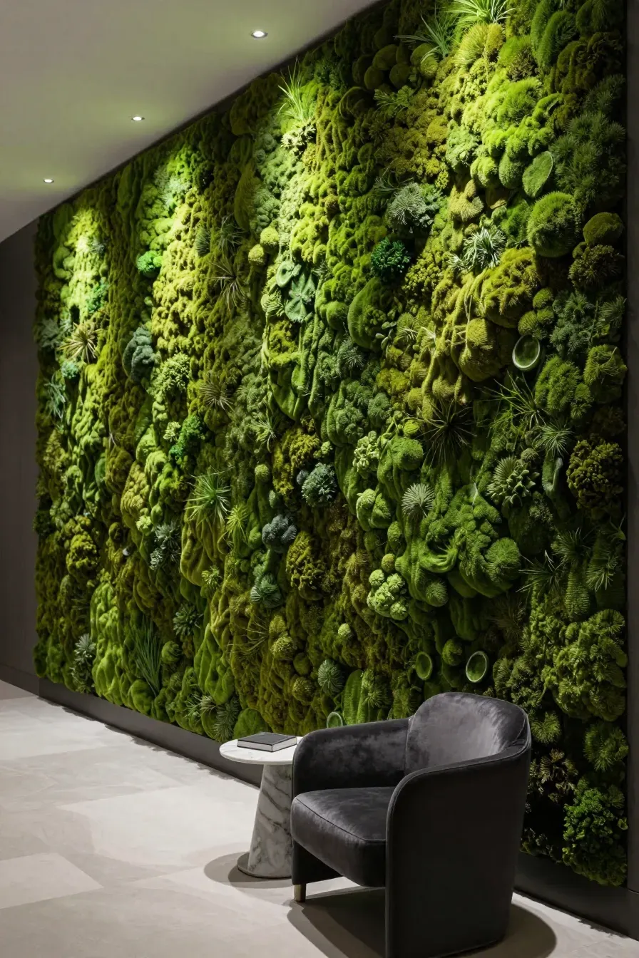 A large, seamless green moss wall in a modern lounge next to a charcoal velvet chair.