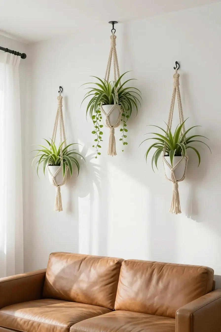 Three macrame plant hangers with faux spider plants hanging at different heights in a bright room.